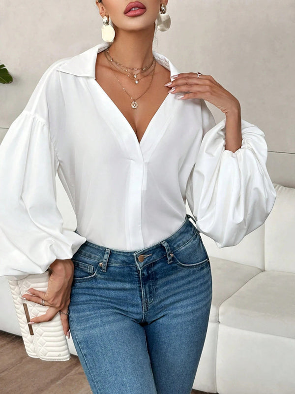 Puff-sleeved V-neck Semi-open Collar Blouse