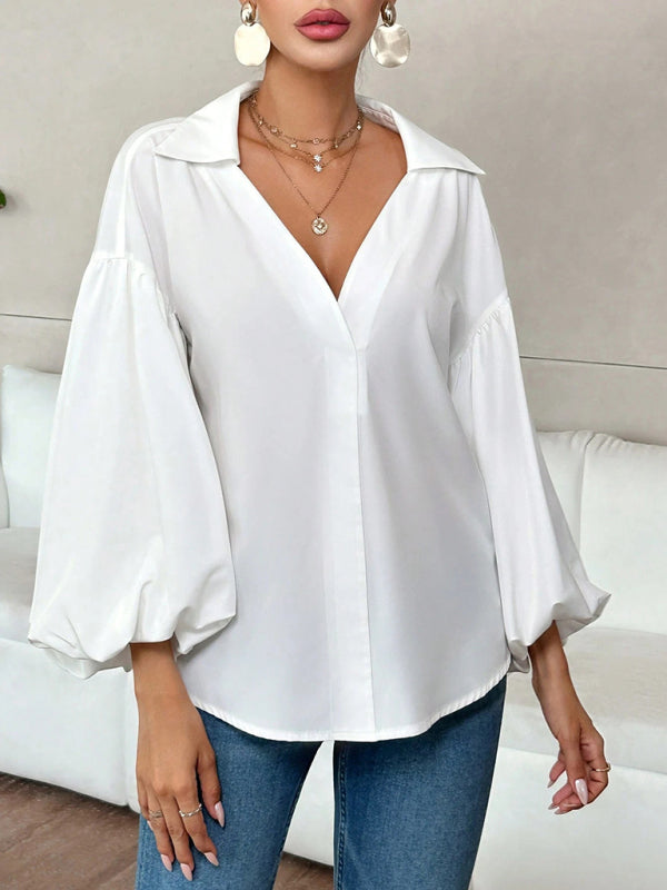 Puff-sleeved V-neck Semi-open Collar Blouse