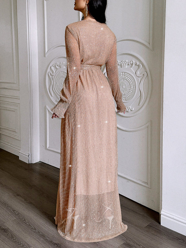 V-neck High Slit Long-sleeved Maxi Dress
