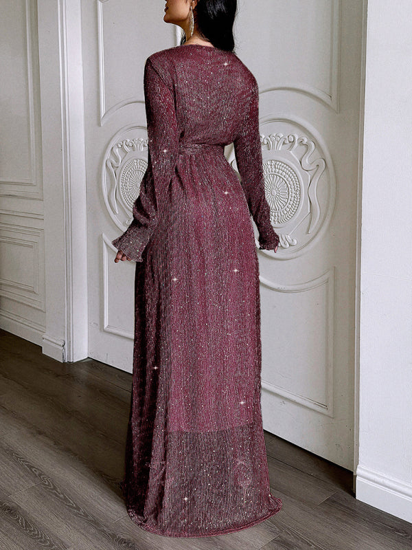 V-neck High Slit Long-sleeved Maxi Dress