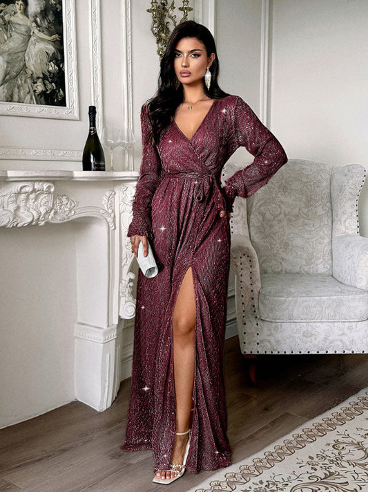 V-neck High Slit Long-sleeved Maxi Dress