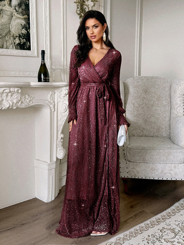 V-neck High Slit Long-sleeved Maxi Dress