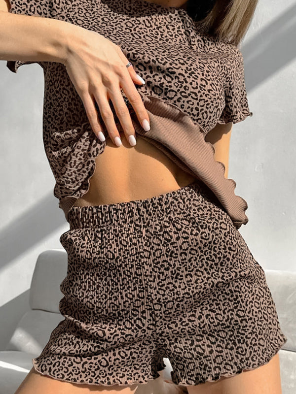 Leopard Print Round Neck Short Sleeve Shorts Pyjama Set