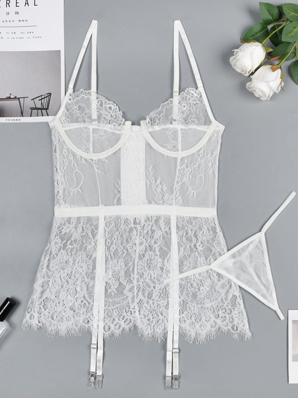 Thin Lace Irregular Hem Lingerie Dress Two-piece Set