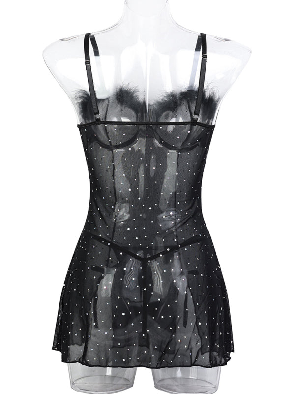 Mesh Feather See-through Slit Dress Two-piece Set