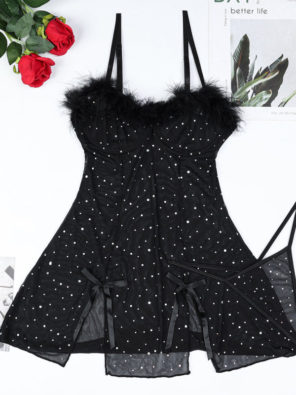 Mesh Feather See-through Slit Dress Two-piece Set