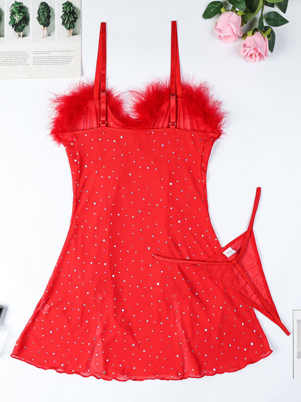 Mesh Feather See-through Slit Dress Two-piece Set