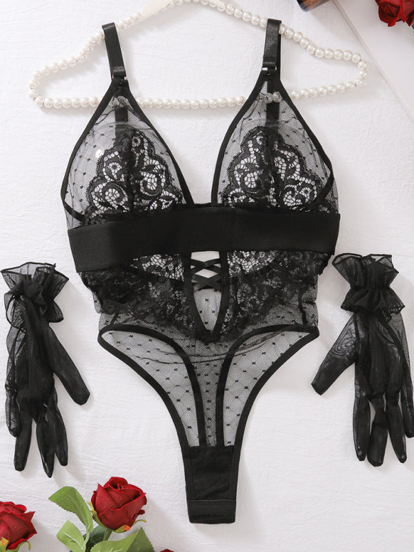 Deep V-neck Polka Dot Mesh Lace No-wire Bodysuit and Gloves Set