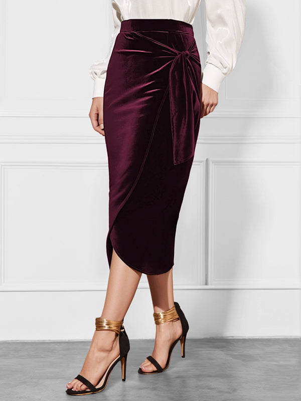 Velvet Wrap Tie-belt Slit Skirt