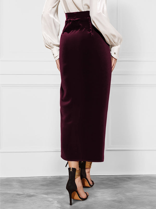 Velvet Wrap Tie-belt Slit Skirt
