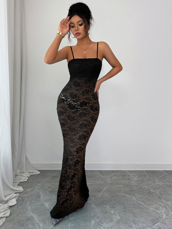 Lace Hollow Suspender Maxi Dress