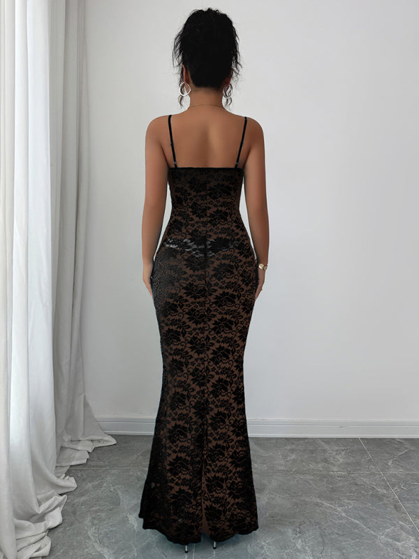 Lace Hollow Suspender Maxi Dress