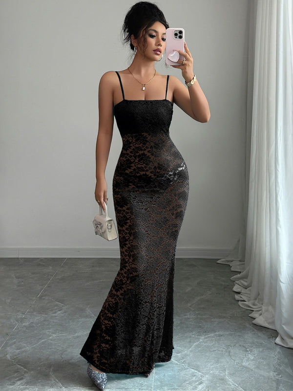 Lace Hollow Suspender Maxi Dress