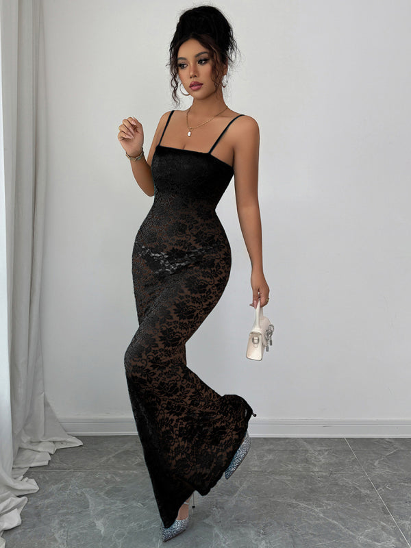 Lace Hollow Suspender Maxi Dress