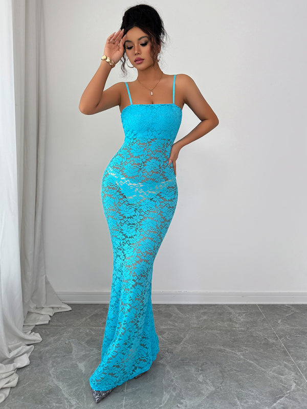 Lace Hollow Suspender Maxi Dress