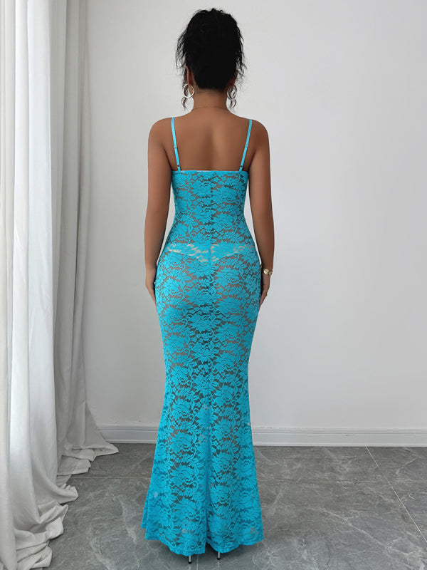 Lace Hollow Suspender Maxi Dress