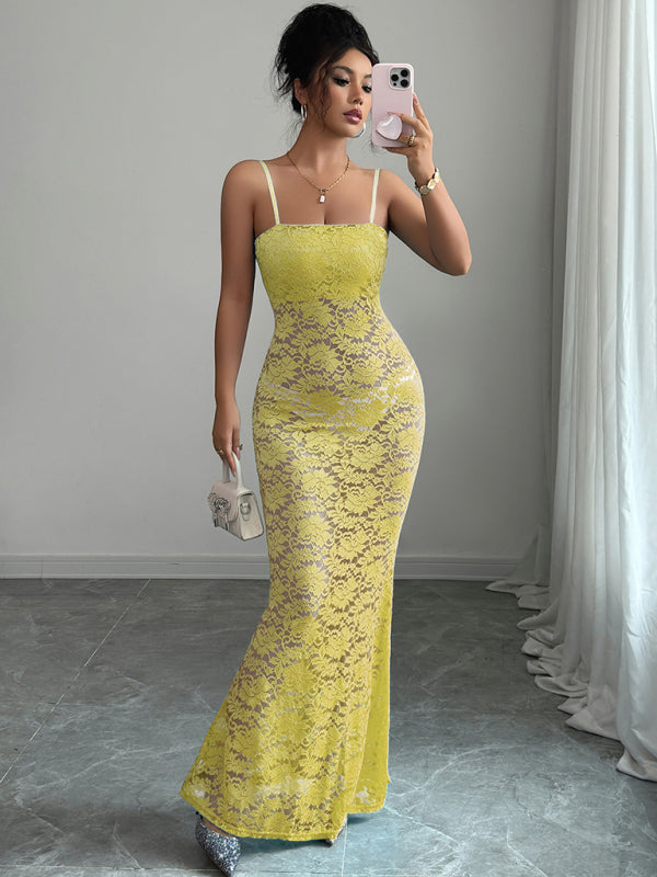 Lace Hollow Suspender Maxi Dress