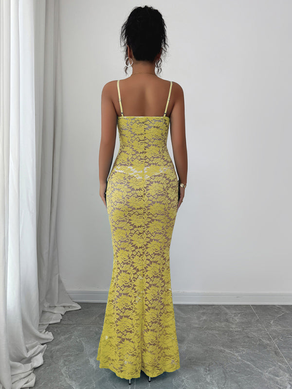 Lace Hollow Suspender Maxi Dress