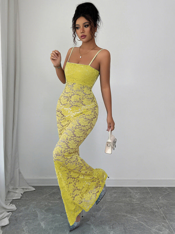 Lace Hollow Suspender Maxi Dress