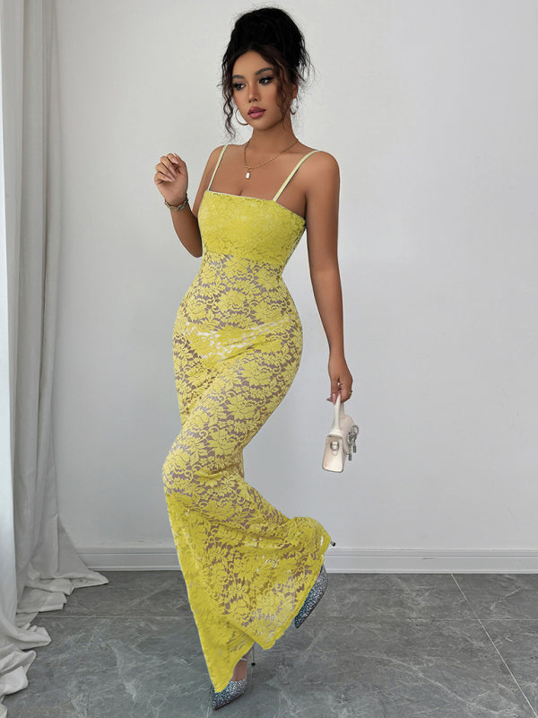 Lace Hollow Suspender Maxi Dress