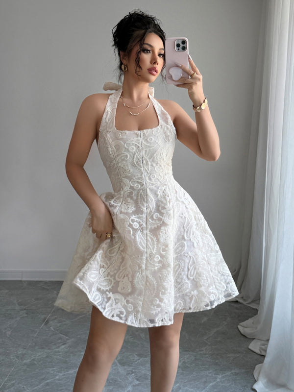 Lace Print Halterneck Backless Dress