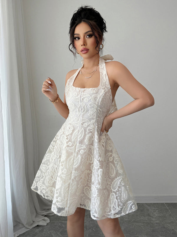 Lace Print Halterneck Backless Dress