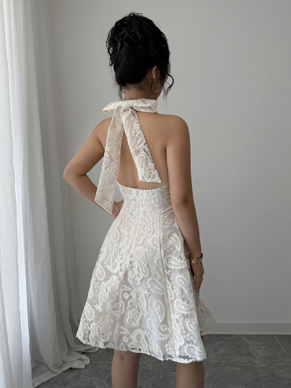 Lace Print Halterneck Backless Dress