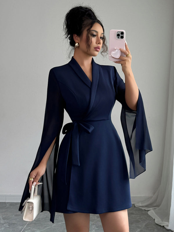 Wrap Tie-belt Flared Long-sleeved Dress