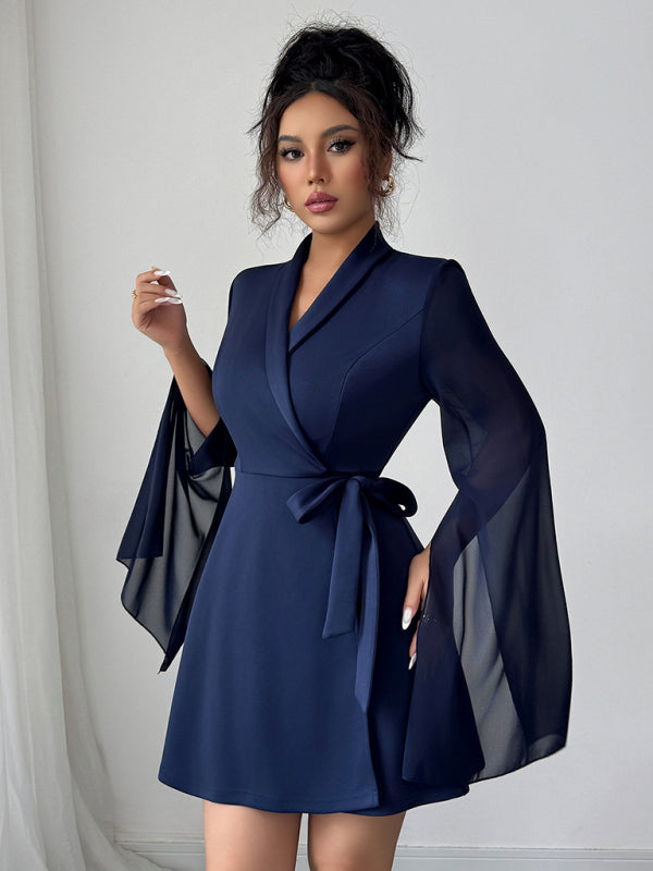 Wrap Tie-belt Flared Long-sleeved Dress