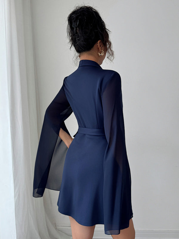 Wrap Tie-belt Flared Long-sleeved Dress