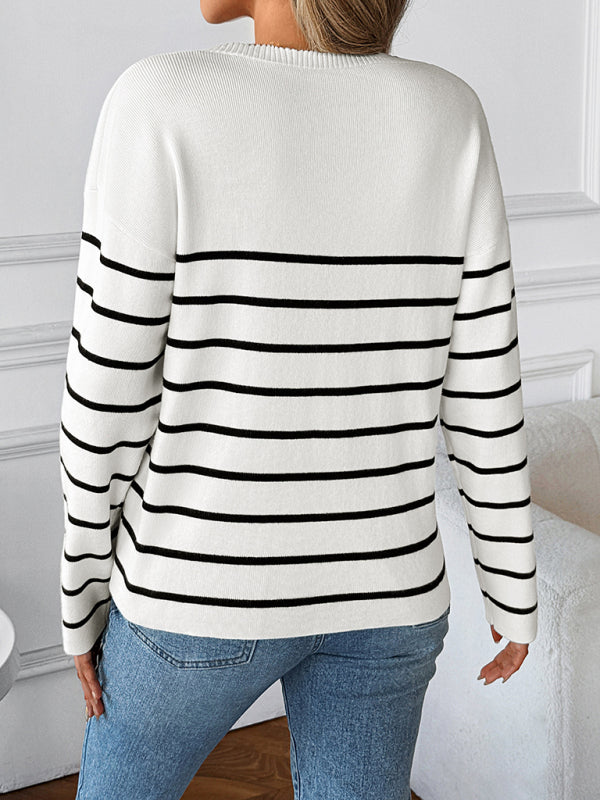Stripe Knit V-neck Long-sleeved Sweater