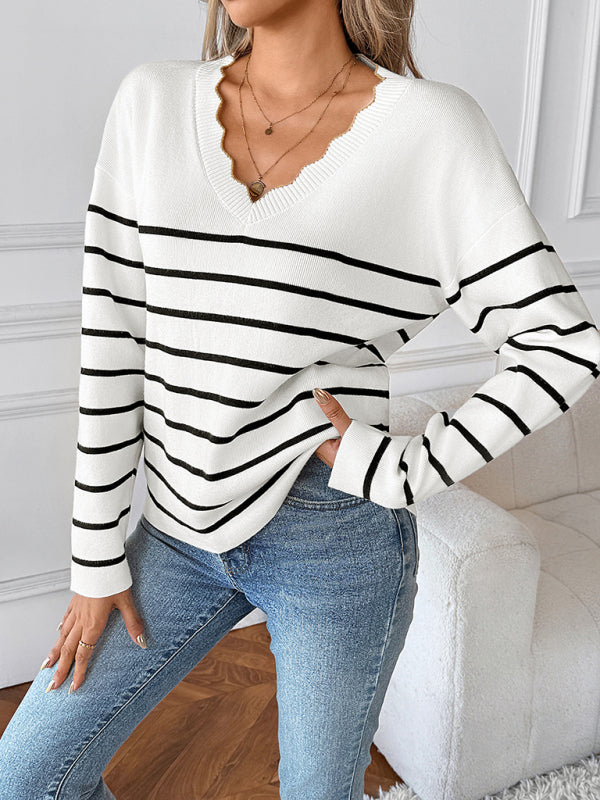Stripe Knit V-neck Long-sleeved Sweater