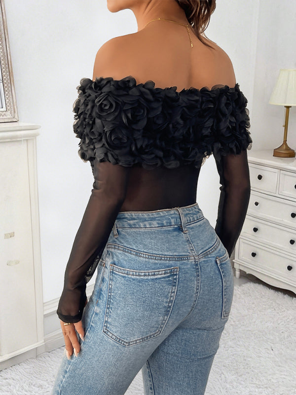 Mesh Off-the-Shoulder 3D Flower Bodysuit