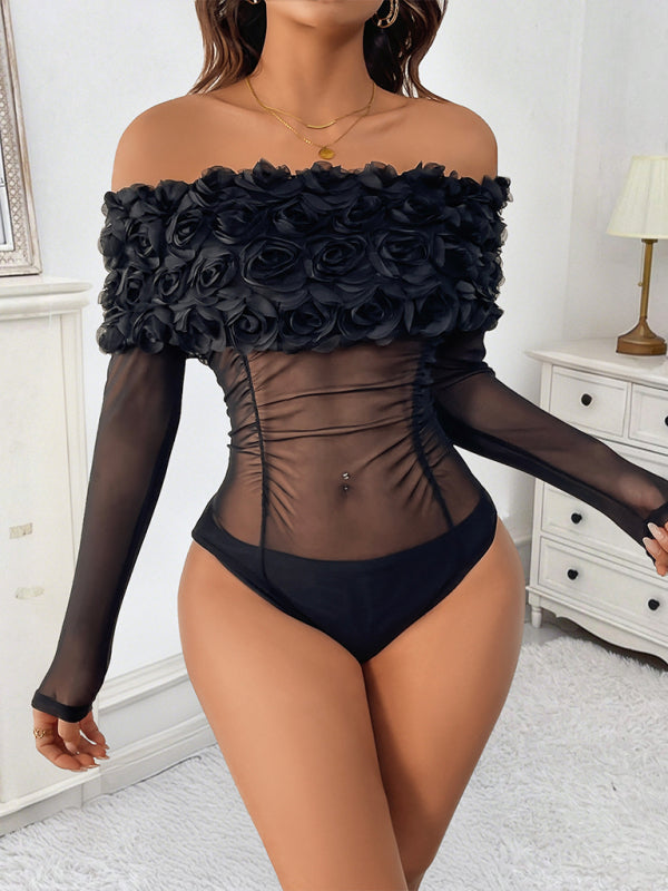 Mesh Off-the-Shoulder 3D Flower Bodysuit