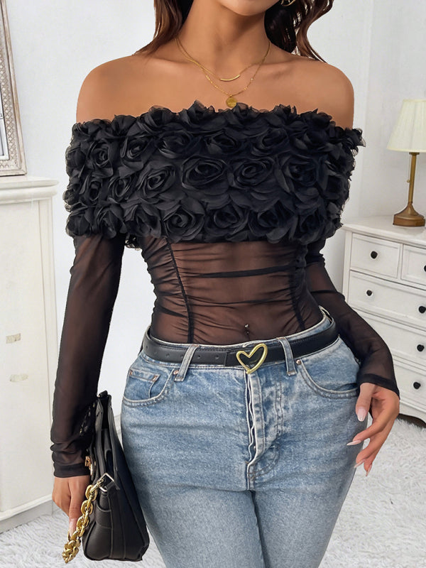 Mesh Off-the-Shoulder 3D Flower Bodysuit