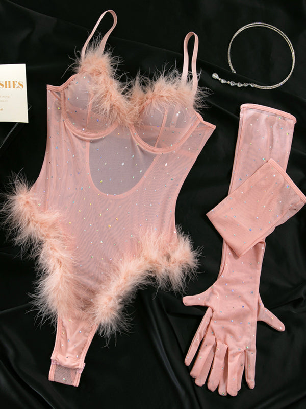 Mesh Feather Bodysuit and Long Gloves Two-piece Set