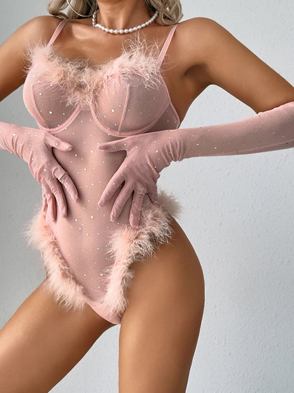 Mesh Feather Bodysuit and Long Gloves Two-piece Set