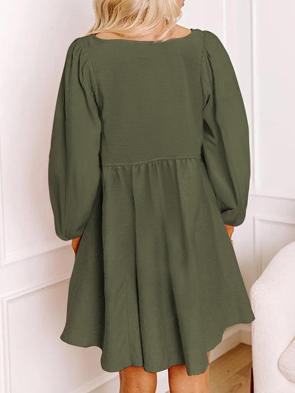 Gathered Crew Neck Button-Down High-Waisted  Long-sleeve A-Line Mini Dress