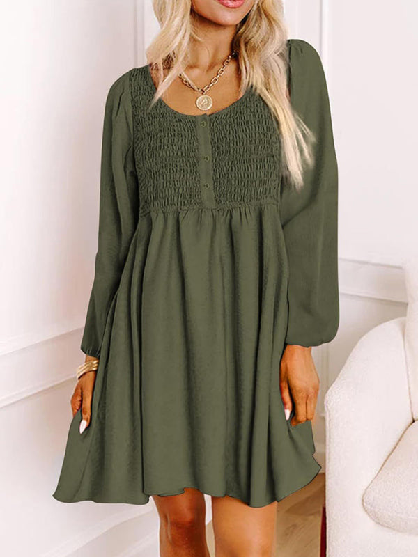 Gathered Crew Neck Button-Down High-Waisted  Long-sleeve A-Line Mini Dress