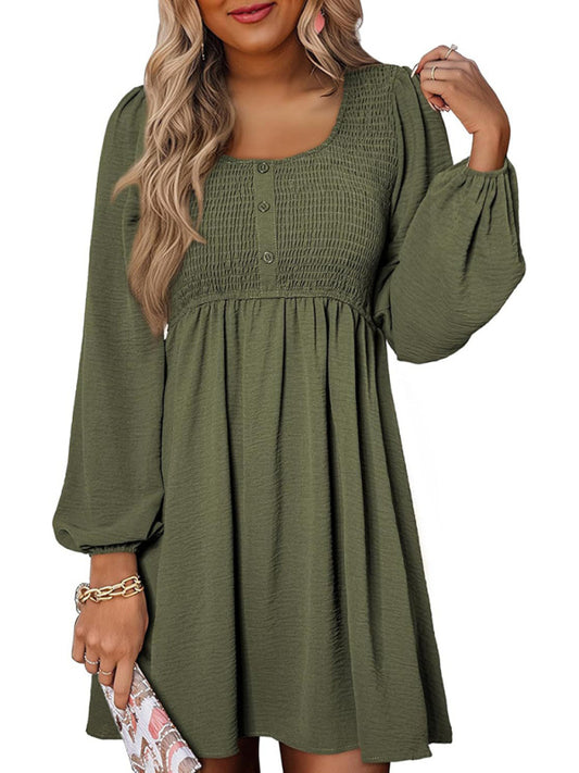 Gathered Crew Neck Button-Down High-Waisted  Long-sleeve A-Line Mini Dress