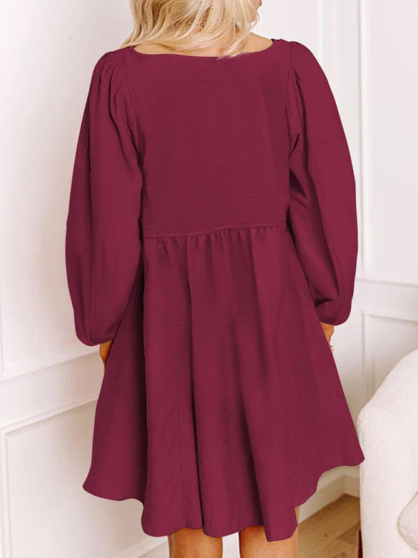 Gathered Crew Neck Button-Down High-Waisted  Long-sleeve A-Line Mini Dress