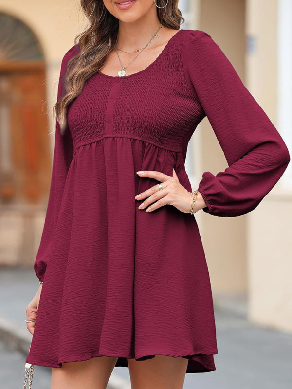 Gathered Crew Neck Button-Down High-Waisted  Long-sleeve A-Line Mini Dress
