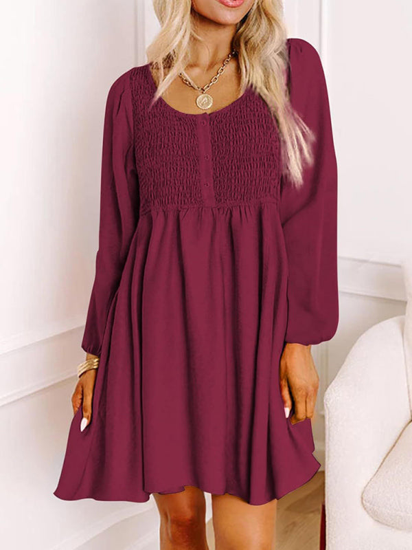 Gathered Crew Neck Button-Down High-Waisted  Long-sleeve A-Line Mini Dress