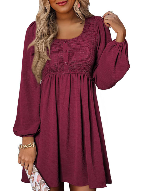 Gathered Crew Neck Button-Down High-Waisted  Long-sleeve A-Line Mini Dress