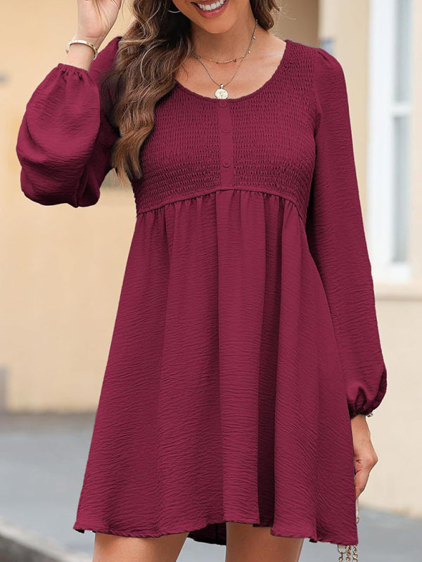 Gathered Crew Neck Button-Down High-Waisted  Long-sleeve A-Line Mini Dress