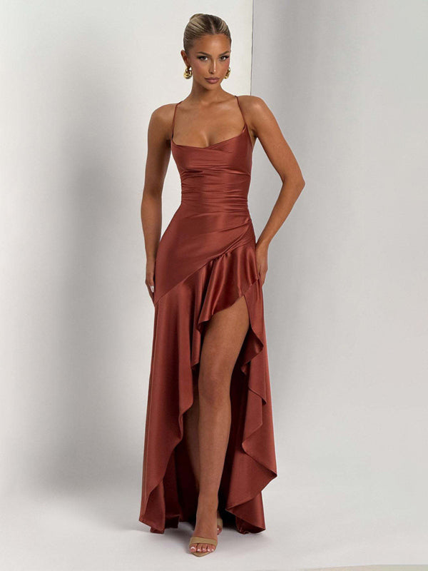 Satin Halter-neck Ruffle High-slit Dress