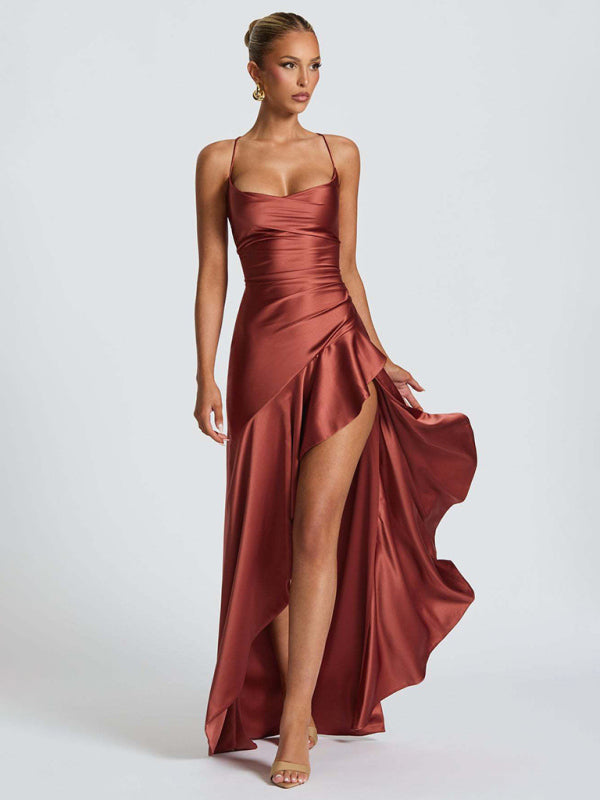 Satin Halter-neck Ruffle High-slit Dress