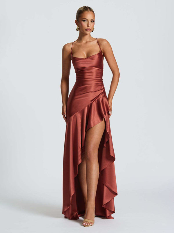 Satin Halter-neck Ruffle High-slit Dress