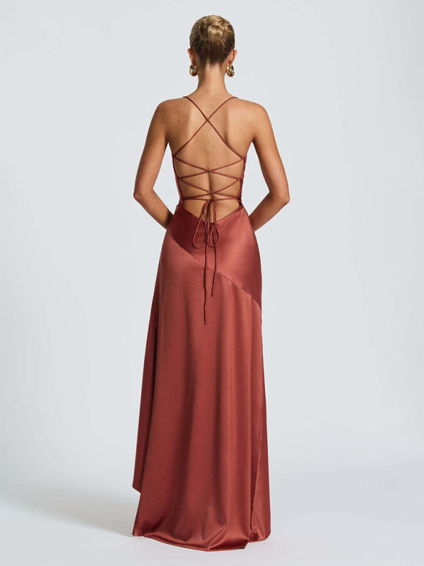 Satin Halter-neck Ruffle High-slit Dress