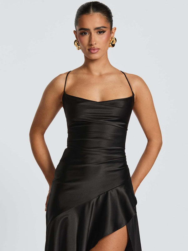 Satin Halter-neck Ruffle High-slit Dress